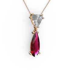 Beyaz zirkon ve rodolit garnet 14 ayar rose altın kolye (40 cm rose altın rolo zincir)
