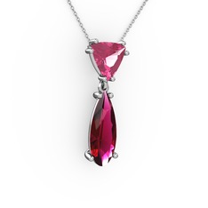 Pembe kuvars ve rodolit garnet 14 ayar beyaz altın kolye (40 cm beyaz altın rolo zincir)