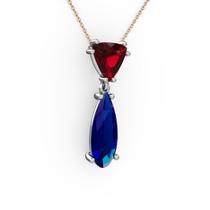 Garnet ve lab safir 18 ayar beyaz altın kolye (40 cm rose altın rolo zincir)