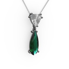 Swarovski ve yeşil kuvars 925 ayar siyah rodyum kaplama gümüş kolye (40 cm gümüş rolo zincir)