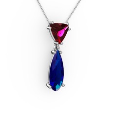 Rodolit garnet ve lab safir 18 ayar beyaz altın kolye (40 cm gümüş rolo zincir)