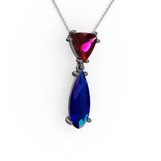 Rodolit garnet ve lab safir 925 ayar siyah rodyum kaplama gümüş kolye (40 cm beyaz altın rolo zincir)
