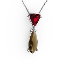 Garnet ve dumanlı kuvars 8 ayar beyaz altın kolye (40 cm gümüş rolo zincir)