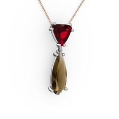 Garnet ve dumanlı kuvars 14 ayar beyaz altın kolye (40 cm gümüş rolo zincir)