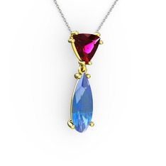 Rodolit garnet ve akuamarin 925 ayar altın kaplama gümüş kolye (40 cm beyaz altın rolo zincir)