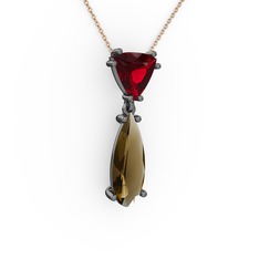 Garnet ve dumanlı kuvars 925 ayar siyah rodyum kaplama gümüş kolye (40 cm rose altın rolo zincir)