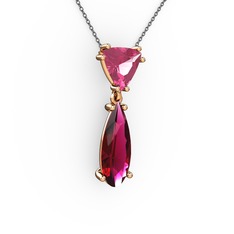 Pembe kuvars ve rodolit garnet 14 ayar rose altın kolye (40 cm gümüş rolo zincir)