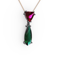 Rodolit garnet ve yeşil kuvars 925 ayar siyah rodyum kaplama gümüş kolye (40 cm rose altın rolo zincir)