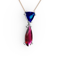 Lab safir ve rodolit garnet 14 ayar beyaz altın kolye (40 cm rose altın rolo zincir)