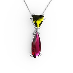 Peridot ve rodolit garnet 18 ayar beyaz altın kolye (40 cm gümüş rolo zincir)
