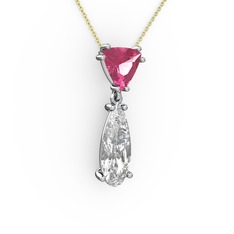 Pembe kuvars ve beyaz zirkon 18 ayar beyaz altın kolye (40 cm altın rolo zincir)