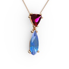 Rodolit garnet ve akuamarin 14 ayar rose altın kolye (40 cm rose altın rolo zincir)