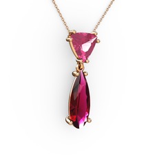Pembe kuvars ve rodolit garnet 18 ayar rose altın kolye (40 cm rose altın rolo zincir)