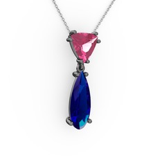 Pembe kuvars ve lab safir 925 ayar siyah rodyum kaplama gümüş kolye (40 cm gümüş rolo zincir)