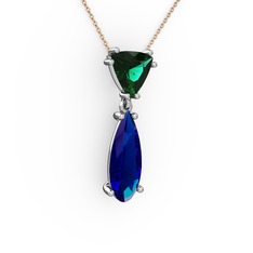 Yeşil kuvars ve lab safir 14 ayar beyaz altın kolye (40 cm rose altın rolo zincir)