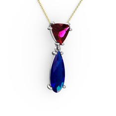 Rodolit garnet ve lab safir 14 ayar beyaz altın kolye (40 cm altın rolo zincir)