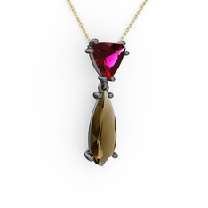 Rodolit garnet ve dumanlı kuvars 925 ayar siyah rodyum kaplama gümüş kolye (40 cm altın rolo zincir)