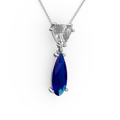Swarovski ve lab safir 18 ayar beyaz altın kolye (40 cm gümüş rolo zincir)