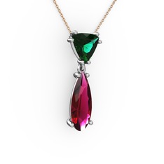 Yeşil kuvars ve rodolit garnet 14 ayar beyaz altın kolye (40 cm rose altın rolo zincir)