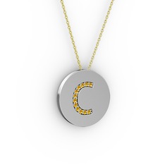 C Baş Harf Kolye - Sitrin 14 ayar beyaz altın kolye (40 cm altın rolo zincir) #10sye94