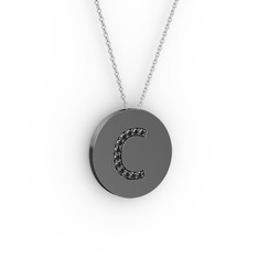 C Baş Harf Kolye - Siyah zirkon 925 ayar siyah rodyum kaplama gümüş kolye (40 cm gümüş rolo zincir) #1115der