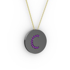 C Baş Harf Kolye - Ametist 925 ayar siyah rodyum kaplama gümüş kolye (40 cm gümüş rolo zincir) #13filya