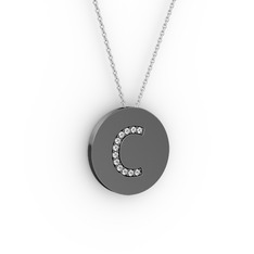 C Baş Harf Kolye - Swarovski 925 ayar siyah rodyum kaplama gümüş kolye (40 cm beyaz altın rolo zincir) #13gh5re