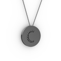 C Baş Harf Kolye - Siyah zirkon 925 ayar siyah rodyum kaplama gümüş kolye (40 cm gümüş rolo zincir) #14piki8