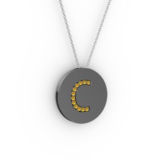 C Baş Harf Kolye - Sitrin 925 ayar siyah rodyum kaplama gümüş kolye (40 cm beyaz altın rolo zincir) #164lcnh