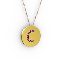 C Baş Harf Kolye - Ametist 14 ayar altın kolye (40 cm gümüş rolo zincir) #16yrwry