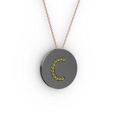 C Baş Harf Kolye - Peridot 925 ayar siyah rodyum kaplama gümüş kolye (40 cm rose altın rolo zincir) #18gdjbu