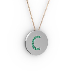 C Baş Harf Kolye - Yeşil kuvars 14 ayar beyaz altın kolye (40 cm gümüş rolo zincir) #19rphov
