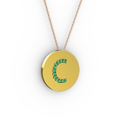 C Baş Harf Kolye - Yeşil kuvars 8 ayar altın kolye (40 cm gümüş rolo zincir) #1all9dc