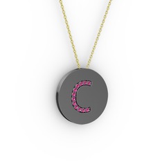 C Baş Harf Kolye - Rodolit garnet 925 ayar siyah rodyum kaplama gümüş kolye (40 cm altın rolo zincir) #1dtozk6