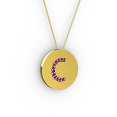 C Baş Harf Kolye - Ametist 925 ayar altın kaplama gümüş kolye (40 cm altın rolo zincir) #1ilgphc