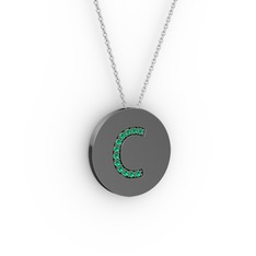 C Baş Harf Kolye - Yeşil kuvars 925 ayar siyah rodyum kaplama gümüş kolye (40 cm beyaz altın rolo zincir) #1md4zqr