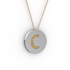 C Baş Harf Kolye - Sitrin 18 ayar beyaz altın kolye (40 cm rose altın rolo zincir) #1mp159p