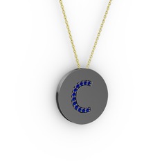 C Baş Harf Kolye - Lab safir 925 ayar siyah rodyum kaplama gümüş kolye (40 cm altın rolo zincir) #1nb1h7e