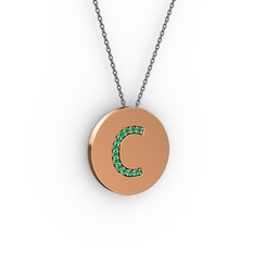 C Baş Harf Kolye - Yeşil kuvars 18 ayar rose altın kolye (40 cm gümüş rolo zincir) #1nnbmjc