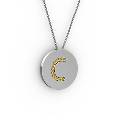C Baş Harf Kolye - Sitrin 8 ayar beyaz altın kolye (40 cm gümüş rolo zincir) #1ortsch
