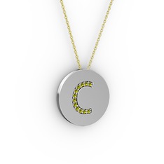 C Baş Harf Kolye - Peridot 18 ayar beyaz altın kolye (40 cm altın rolo zincir) #1sp1boo