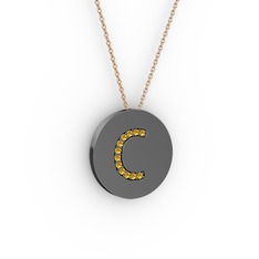 C Baş Harf Kolye - Sitrin 925 ayar siyah rodyum kaplama gümüş kolye (40 cm rose altın rolo zincir) #1srcik0