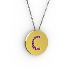 C Baş Harf Kolye - Ametist 14 ayar altın kolye (40 cm gümüş rolo zincir) #1tzybzs