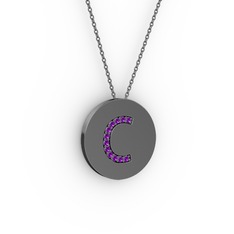 C Baş Harf Kolye - Ametist 925 ayar siyah rodyum kaplama gümüş kolye (40 cm gümüş rolo zincir) #1u9v6fb