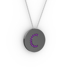 C Baş Harf Kolye - Ametist 925 ayar siyah rodyum kaplama gümüş kolye (40 cm gümüş rolo zincir) #1x49o38