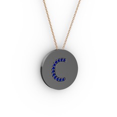 C Baş Harf Kolye - Lab safir 925 ayar siyah rodyum kaplama gümüş kolye (40 cm rose altın rolo zincir) #1yh6l7z