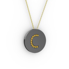 C Baş Harf Kolye - Sitrin 925 ayar siyah rodyum kaplama gümüş kolye (40 cm altın rolo zincir) #2246ak