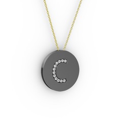 C Baş Harf Kolye - Swarovski 925 ayar siyah rodyum kaplama gümüş kolye (40 cm altın rolo zincir) #4j0gjt