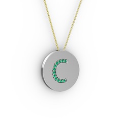 C Baş Harf Kolye - Yeşil kuvars 18 ayar beyaz altın kolye (40 cm altın rolo zincir) #5sgptc