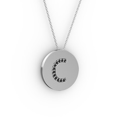 C Baş Harf Kolye - Siyah zirkon 14 ayar beyaz altın kolye (40 cm gümüş rolo zincir) #89yjar